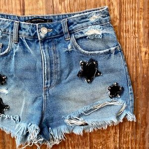 Zara High Waisted Embroidered Denim Shorts